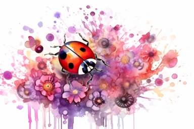 Watercolor , Wild Flowers, fantasy Lady bug, clipart, hd, on a white background, spaced out