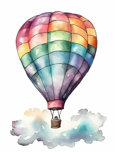 watercolor clipart with white background, hotair balloon floating in giant clouds, flat design, clearly defined separated image, high quality