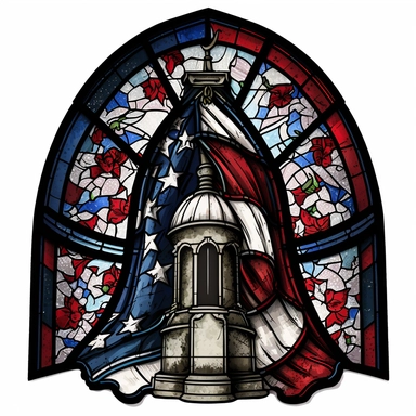 clipart, gothic arched stained glass window with a red white and blue liberty bell, mosaic, watercolor, dark cottagecore, white background, hyper detailed