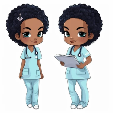 single black woman nurse watercolor clipart in Chibi style. Full body
