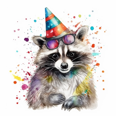please create watercolor clipart of a raccoon smiling, wearing party GLASSES AND PARTY POPPERS, colorful, WHITE BACKGROUND