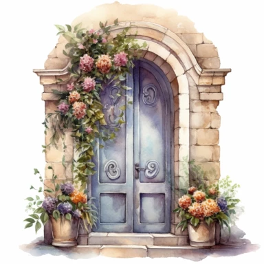a watercolor realistic arch door and you can see colorful flowers surrounding the door clipart