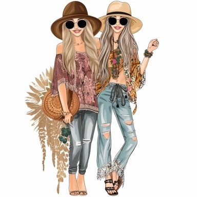 boho Best Friends Clipart, Girlfriends, full body, fashion, pretty face