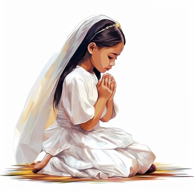 young filipina girl wearing a first communion veil. kneeling and praying in a catholic church. cartoon art. vector. high contrast. clip art. icon. white background. watercolor