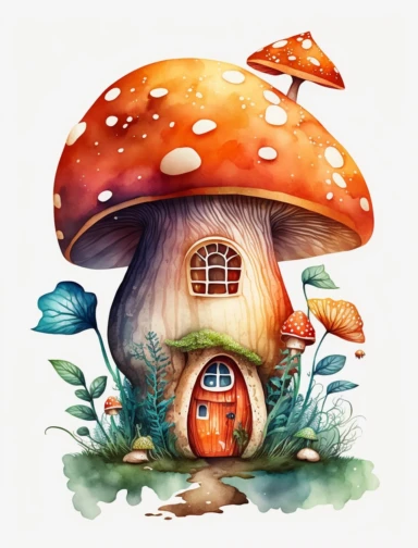 Bright realistic orange Magical Mushroom House, watercolor colors clipart style, on white background, 32k,