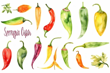 watercolor Chili pepper vegetable clipart, flat style, no volume, few details, washed out, minimalistic style, very lose details, very light colors, transparent colors, light airy hues and pastel tones, spaced out, white background, washed out colors and paint, hand-painted watercolor, watercolor spray, watercolor splash, splatters and paint smudges on top of each Chili pepper, watercolor paper with visible rough paper texture, a variety of watercolor brushes, do not cross workspace borders, rou