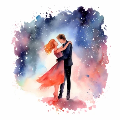 closeup photo of wedding couple in watercolor, Slim couple sharing a romantic dance under a starry night sky, watercolor, Pixar style, Clipart on a white background