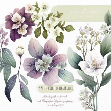 watercolor floral CLIPART, PURPLE HELLEBORES AND WHITE SPRING BLOSSOMS PREMADE BORDER, pastel pale COLORS, clipart, no background, blank space for writing, CLEAN OUTLINE, delicate and elegant, dreamy airy color, classic style, airy watery colors, with elements of GREEN LEAVES, hd, best quality, 8k, ar:3:1