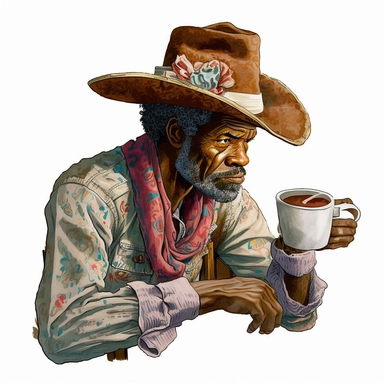isometric head-shot view of realistic illustration of a modern compassionate, caring and loving older afro cowboy relaxing drinking hot coffee, coffee theme vintage in watercolor style clipart, use darker reath-tones, more darker saturated colors, Banksy artstyle with minimal effects, super creative watercolor, white background