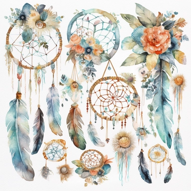 Create a watercolor clipart set of boho-inspired baby items such as dreamcatchers, feather mobiles, and macrame wall hangings. Use soft pastel colors and a white background to make the designs pop, white background
