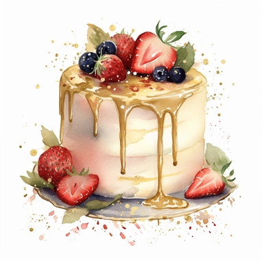 A watercolor, A watercolor, A vanilla bean cake clipart with a champagne buttercream frosting, decorated with fresh strawberries and a sprinkling of gold confetti for a sophisticated touch