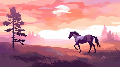 The clipart shows a horse in a delicate and romantic atmosphere. The horse is standing in a picturesque landscape illuminated by a warm, golden evening sun. The background is designed with soft hues like pastel pink, lavender or a soft sunset gradient. The horse itself has an elegant and graceful posture. It has its head slightly lowered as it gazes into the distance, as if filled with dreams and romance. The horse's eyes have a gentle and dreamy expression. The mane and tail are long and flowin