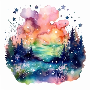 watercolor stars and northern lights over flowers illustration clipart, in the style of use of northern lights tones, intricate storytelling, dramatic color palette, rounded, ephemeral installations, elaborate borders, romanticized depictions of wilderness, clipart, blank white background