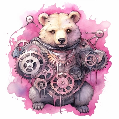 pink watercolor steampunk dancing bear, clipart, metallic, gears, iron pink gray black, 32k. highly detailed