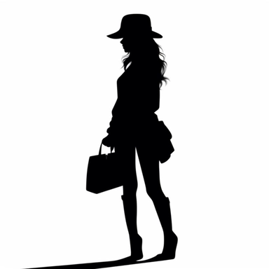 clipart girl silhouette in black with a bag in hand white background
