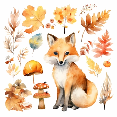 Watercolor autumn elements, flower , leave fall , Watercolor many animals woodland Clipart, Autumn Clipart , watercolor illustration, white background for removing background