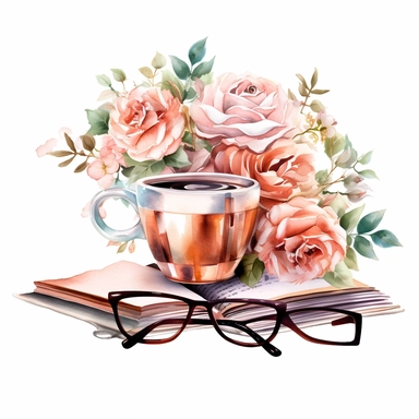 Watercolour rose gold and pastel detailed 3d Handheld Floral Book reading lover, coffee mugs and glasses, surrounded by beautiful roses and Swarovski crystals and diamonds, svg clipart style, solid white background, clipart element, clipart style highly detailed beautiful
