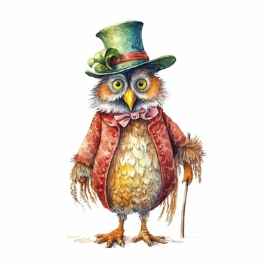a Cute Happy Owl in the style of Watercolor Kate Greenaway Clipart, White Background