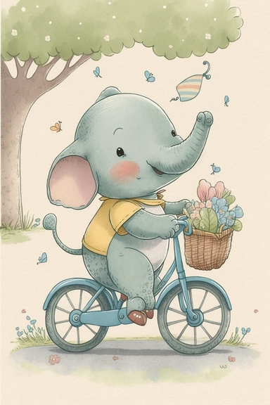 a very cute and happy smiling baby elephant with big eyes riding a bike going on a picnic, Atmosphere: a playful whimsical scene that is sure to bring joy to any child's bedroom or nursery, style of Beatrix Potter, cartoon, watercolor, Disney Pixar style, pastel colors, as in a children's book, clipart, hd, 16k, 4k, isolated on a white background, white margins, nursery, flat design, flat style, simple, minimalistic,