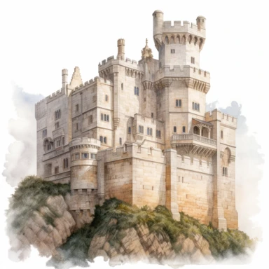 watercolor for a clipart with a white background of a hyperdetailed medieval castle, painted by Mary Jane Ansell