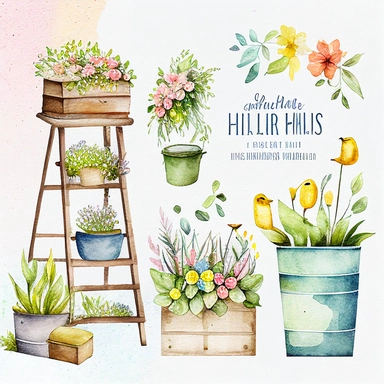 Watercolor Spring Planters Clipart - springtime cute planter boxes and garden ladders