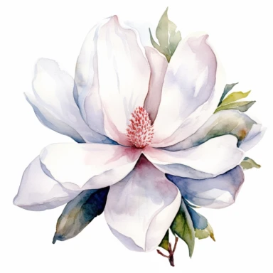 clipart magnolia, watercolor, white background, silver sequins