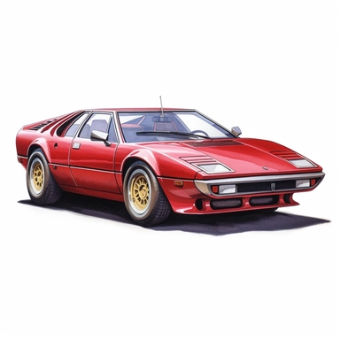 The 1975 Maserati Bora, represented from a 3/4 front view in a rich, racing red color. The car's unique design elements, including its long, sloping hood, distinct front grille, and the glass-encased engine compartment, are highlighted. The clipart style captures the car's Italian elegance and high-performance pedigree, while the stark white background enhances its visual appeal.
