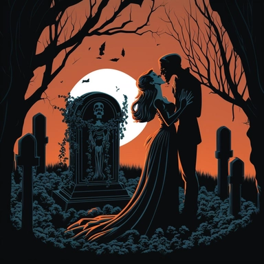 svg, clipart, death tongue kissing a beautiful women in a black dress, at a cementary