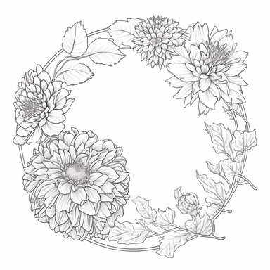 circle Botanical Frame, dahlia, clipart, white background, continuous line