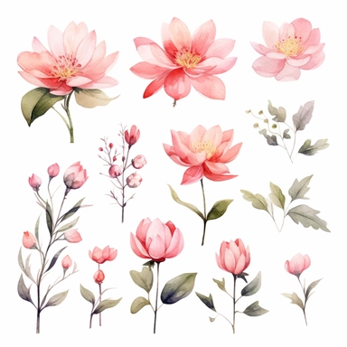 Delicate watercolor clipart set featuring different pink flower species, portrayed from various angles, arranged in a composition that appears as if the flowers are gently floating in a tranquil pond, a symbol of serenity, reflection, and the profound connection between nature and the human soul, clipart on a white backdrop.