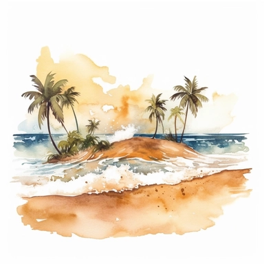 Sandy beach with waves and palm trees, clipart, watercolor, white background