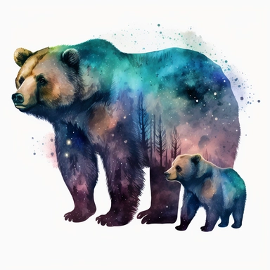 Forest baby bear follow mama bear behid with galaxy Color inside body, watercolor clipart