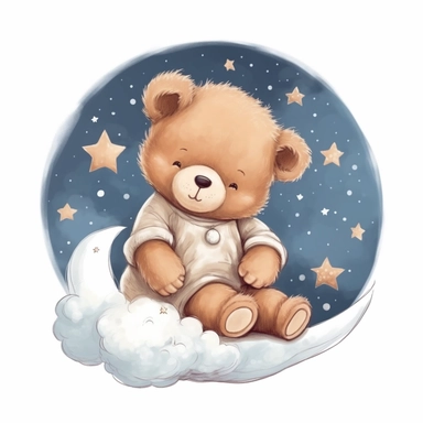 Cute teddy bear illustration, realistic adorable teddy bear sleeping on a soft moon surrounded by stars, sleepy happy clipart, nursery style clipart, Nursery Animals Art, Kids Wall Art, Kids Room Decor, Baby Room Decor, isolated on white, ultra - detailed, high quality, ghibli style, award winning