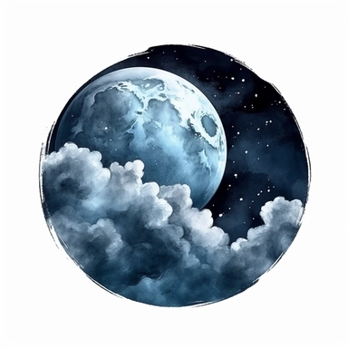 watercolor style, Ominous moonlit sky: An illustration of a night sky with a full moon, stars, and dark clouds, creating a spooky atmosphere. clipart, isolated on white background, 4K