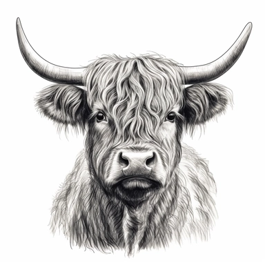 Hand drawn clip art illustration on white background of a Highland cow