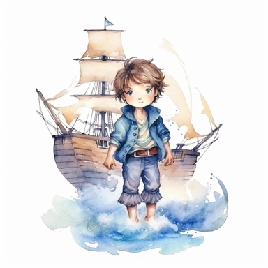 Cute little pirate boy standing on his pirate ship blue watercolor Clipart