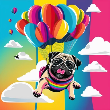 skydiving pug hawaiian colourful anime manga kawaii cute vibrant clipart trippy vivid
