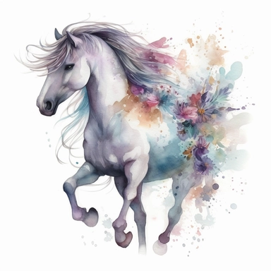digital clipart, solid white background, a gray mythical watercolor unicorn galloping