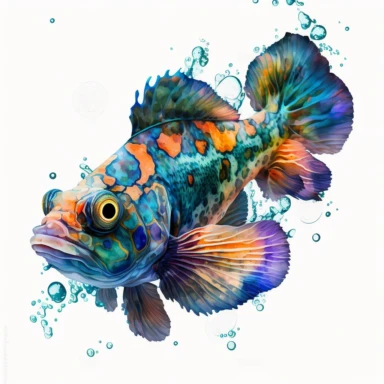 a beautiful mandarinfish at the bottom of the ocean floor, vibrant colors, watercolor style, clipart, white background
