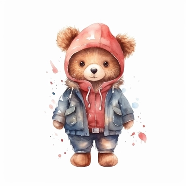 watercolor , character cute dressed baby teddy bear, clipart, vector, on white background, 8k