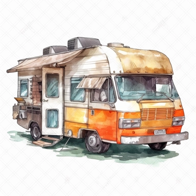 watercolor, different camping caravan transportation Travel car with a tent for outdoor summer active leisure isolated. RV camper, motorhome, van, camp trailer, automobile png Full body realistic cartoon in 32K UHD cute. 15 cm thick outline. Black color. There was no shadow on the ground. 8k with realistic watercolors and detailed illustrations. PNG clipart, transparent white background