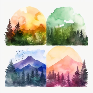 Mountain Scene Forest Clipart, Four seasons, , with a transparent background, Watercolor Illustration, natural lighting, sunrise and sunset, colorful,
