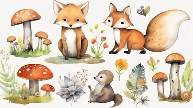 Create a set of watercolor clipart featuring 6 different charming woodland creatures on a transparent background. Bring to life the beauty and innocence of animals such as foxes, rabbits, squirrels, birds, deer, and hedgehogs using delicate watercolor techniques. Each creature should be depicted in a whimsical style, showcasing their unique features and personalities. The transparent background will provide versatility for designers to seamlessly incorporate the clipart into various projects, ad