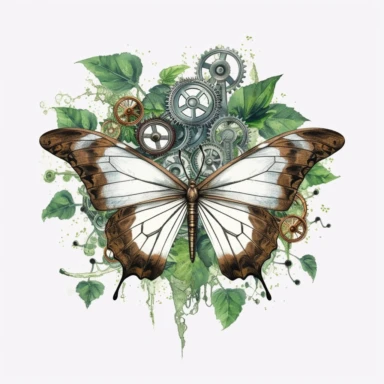 Steampunk style flying butterfly with watercolor effect,unrealistic fantastic,white background,suitable for digital cliparts,fantastic scene,high quality,leaves,ivy,green plants - @nhnztrk (Waiting to start)