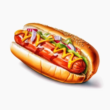 Hyper - realistic watercolor clipart of a delicious hot dog on a white background. The hot dog should be perfectly cooked and assembled with all the classic toppings. Use vibrant colors to capture the mouthwatering appeal of the hot dog. Include details such as the bun, grilled sausage, and condiments like ketchup, mustard, and relish. Show the toppings in a visually appealing and appetizing way, with each ingredient clearly visible. Add a touch of texture and depth to the clipart to enhance the