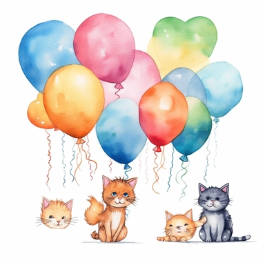 flying cat tied to a balloon clipart, balloons lined up side by side clipart , party balloons clipart, birthday party centerpiece, watercolor clipart