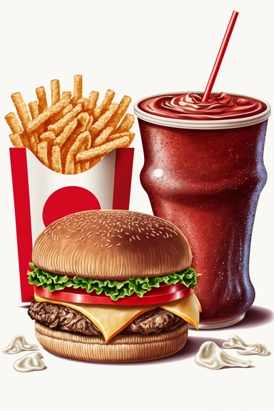 ood, burgers, french fries, ketchup, coca cola, fast food highly detailed clipart on white background, modern style