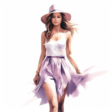 watercolor style, beautiful woman in summer dress in shades of mauve and white, realistic, clipart, isolated on white background, 4K