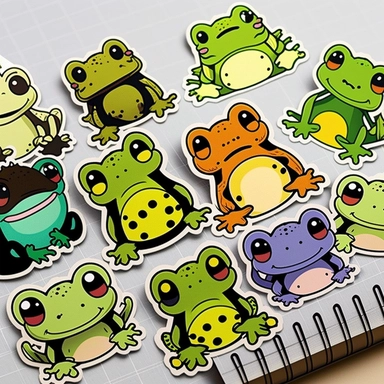 stickers of 10 brilliantly colored frogs separated frog stickers based on these keywords: stickers, black outline, stickers, colorful, lots of green too, 2d vector illustration sticker phone case stickers book journal stickers tiny stickers luggage stickers stickers skateboard stickers stickers goth stickers anime stickers laptop anime decal stickers spooky stickers thank you stickers printable frog sticker frog stickers cute frog sticker cute frog toad sticker water bottle sticker cute sticker 