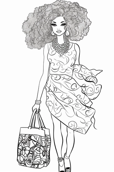 Coloring pages for adults, clean lines, beautiful african american women, afro, one flower in hair, clipart, fashion, full body, purse, heels, pantss, skirts,, necklace, shirt, handbag, boss